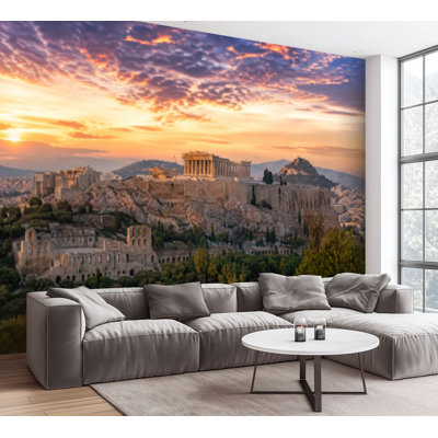Wall Mural Peel and Stick Wallpaper Parthenon Athens Greece sky building sunset forest Self-Adhesive Removable Contact Paper Wall Decor for Living Room Bedroom 100"H x 144"W