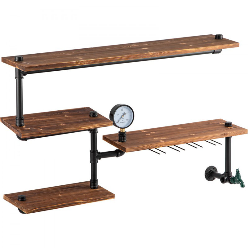 Étagères en fer, étagère de tuyaux en acier industriel avec planches de bois à 4 niveaux, tablettes flottantes rustiques modernes murales, support de rangement pour la salle de bain, la bibliothèque, la cuisine et la décoration intérieure