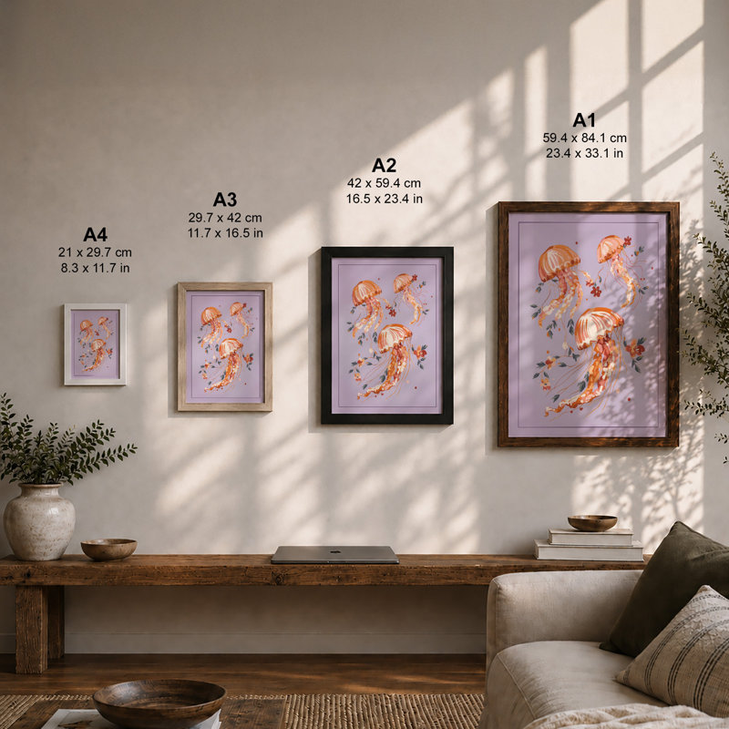 Drifting Jellyfish Coastal Framed Print, A3 - 42.0 x 29.7 cm, White