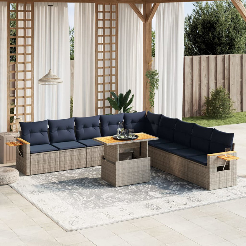  Ensemble de canapé de patio 11 pièces avec coussins en rotin de polyester, Gris, Bleu