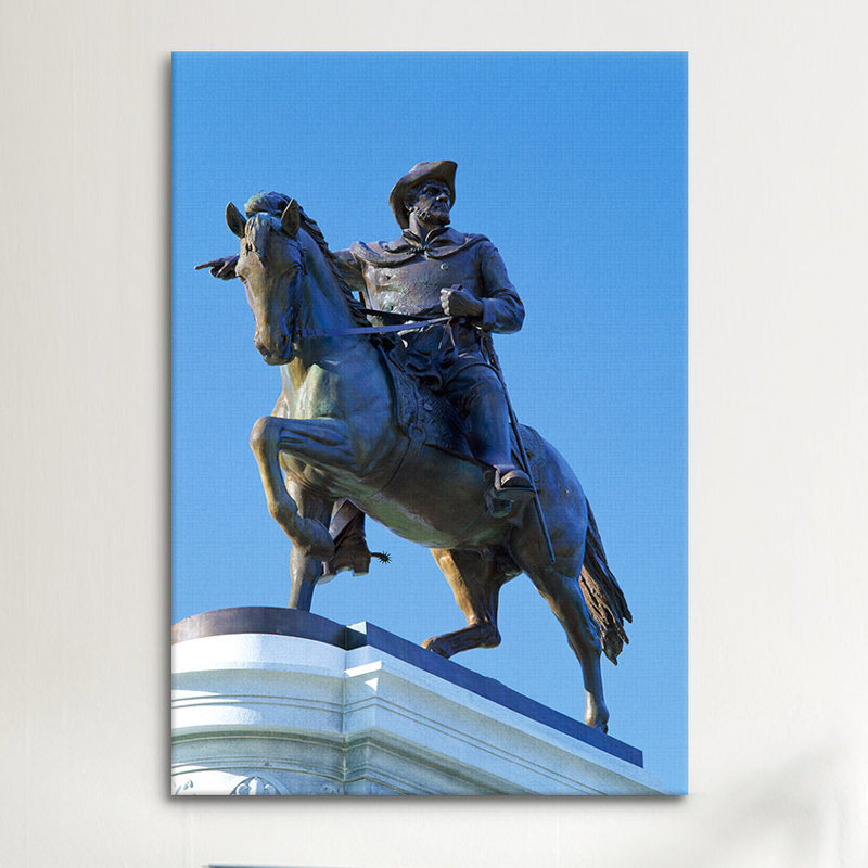 Statue panoramique de sam houston pointant vers san jacinto battlefield contre le ciel bleu, hermann park, houston, texas, usa-reproduction de photo sur toile tendue