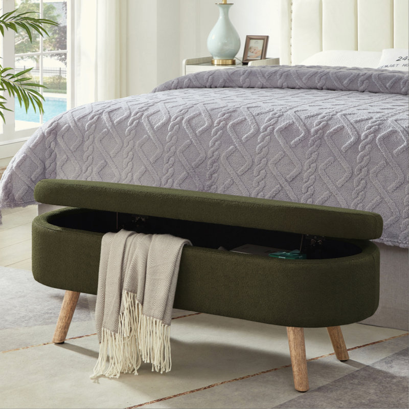 Luxury Oval Boucle Storage Ottoman Bench With Wood Legs 350Lb Weight Capacity & Safety Hinge, For Living Room, Bedroom Entryway