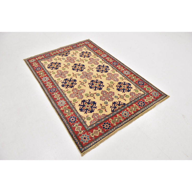 Tapis en laine rouge 4 pi x 5 pi 10 po one-of-kind à la main noué la new age Alayna