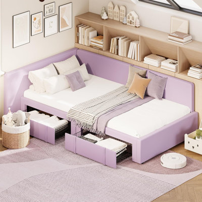 Twin Daybed with 2 Storage Drawers, Velvet Upholstery & Guardrail, Purple, Bedroom & Living Room