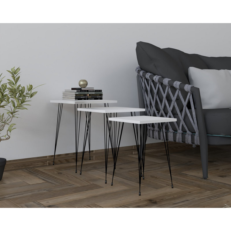 Laural Elegant Nesting Table Set (3 Pieces), Black & White, Large: 15.7 x 21.7 x 15.7 in, Medium: 14.2 x 20.1 x 14.2 in, Small: 12.6 x 18.5 x 12.6 in | 100% Melamine Coated Particle Board, Iron Legs | Stylish & Versatile for Modern Living Spaces