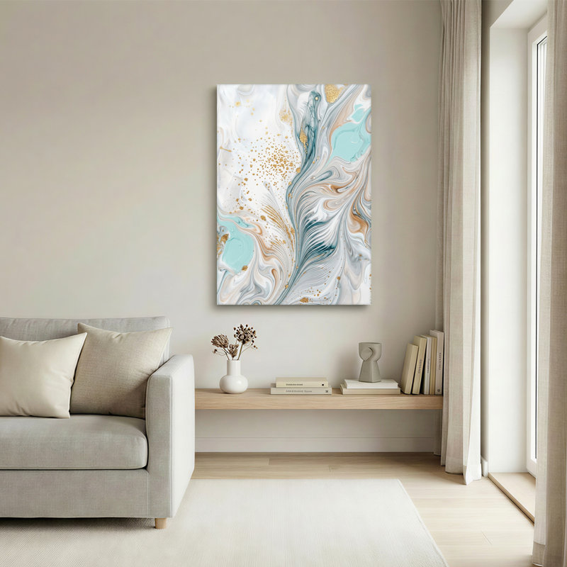 Bleu sarcelle et or, art abstrait marbré sur toile, tourbillons, 24"H x 18"W