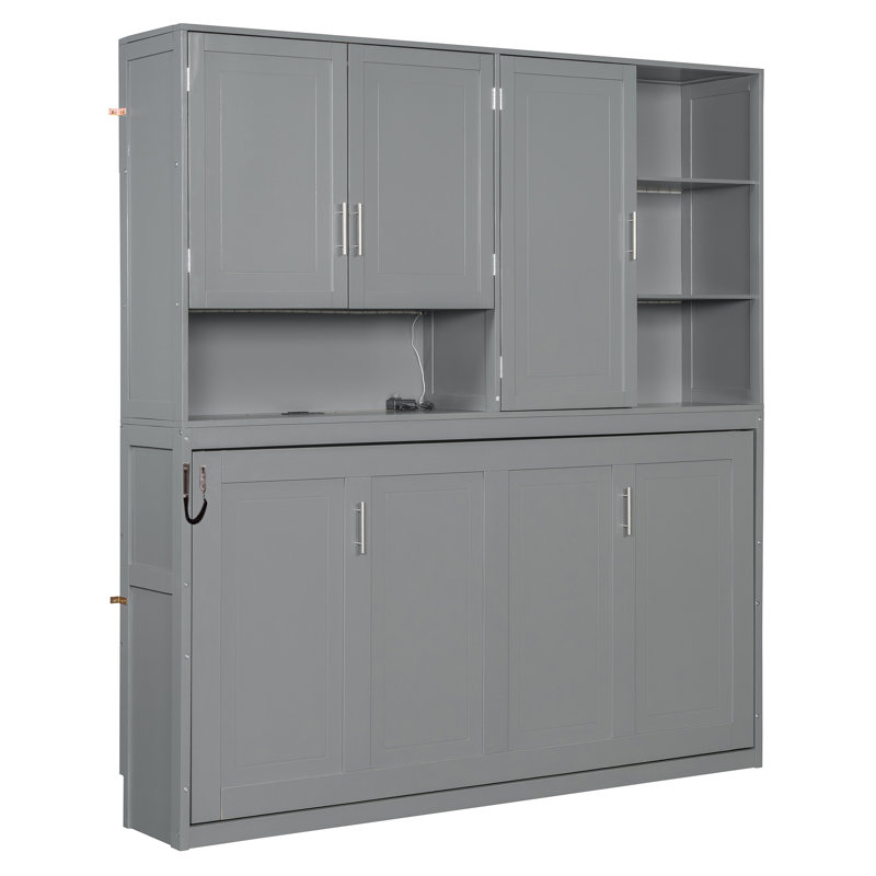 Lit escamotable simple avec armoire et rangement pour éclairage USB, Gris