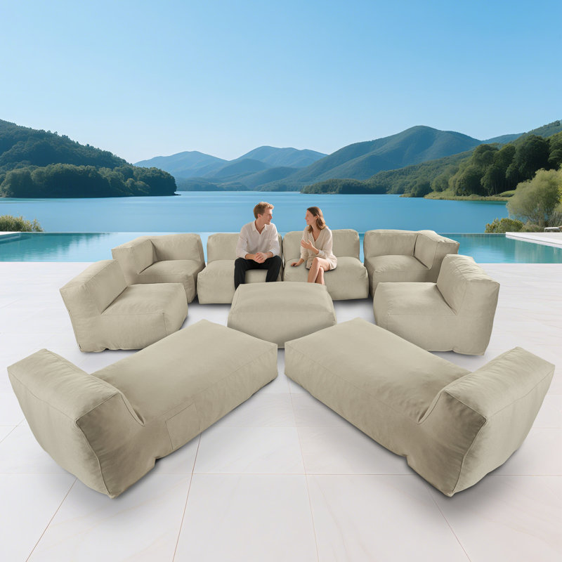 Canapé modulaire d'extérieur 9 pièces avec méridienne pour patio, jardin et piscine, Beige