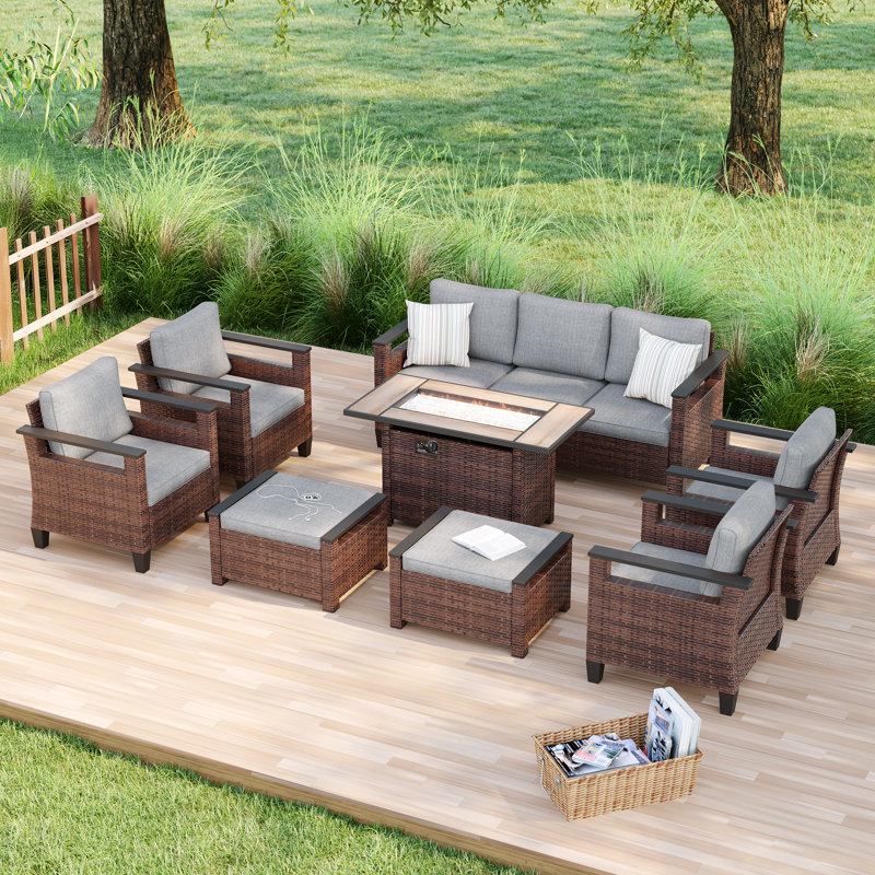 8 Piece Patio Sofa with Rectangle Fire Pit Table and Ottomans, Linen Gray