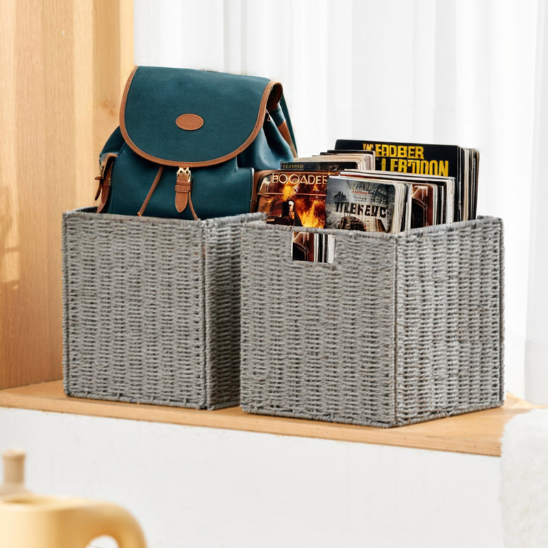 12" Collapsible Wicker Storage Baskets Storage Cubes Baskets Organizer Bins, 2 Pack, Grey