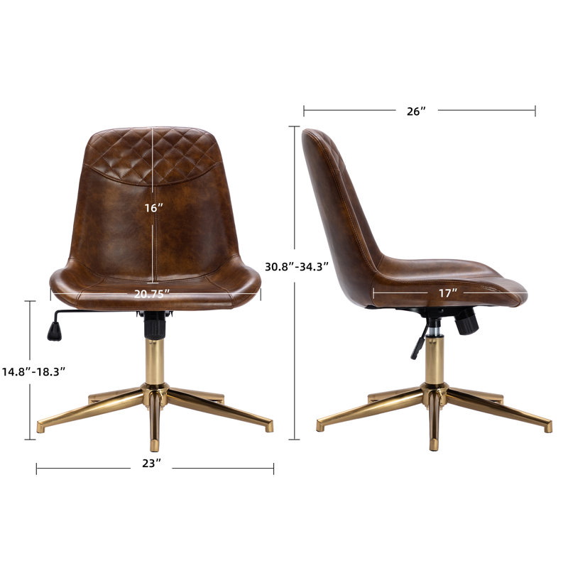  Chaise de bureau pivotante en cuir à hauteur réglable de 23 po de largeur avec dossier matelassé, Caramel, Or