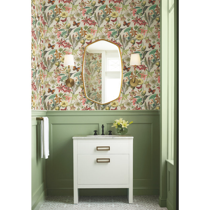 Floral Wallpaper Roll, Light Taupe/Coral
