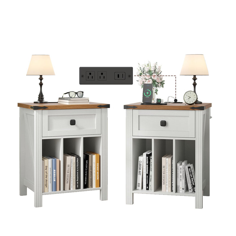 Night Stand Set 2 With Charging Station, White/Brown, Set of 2
