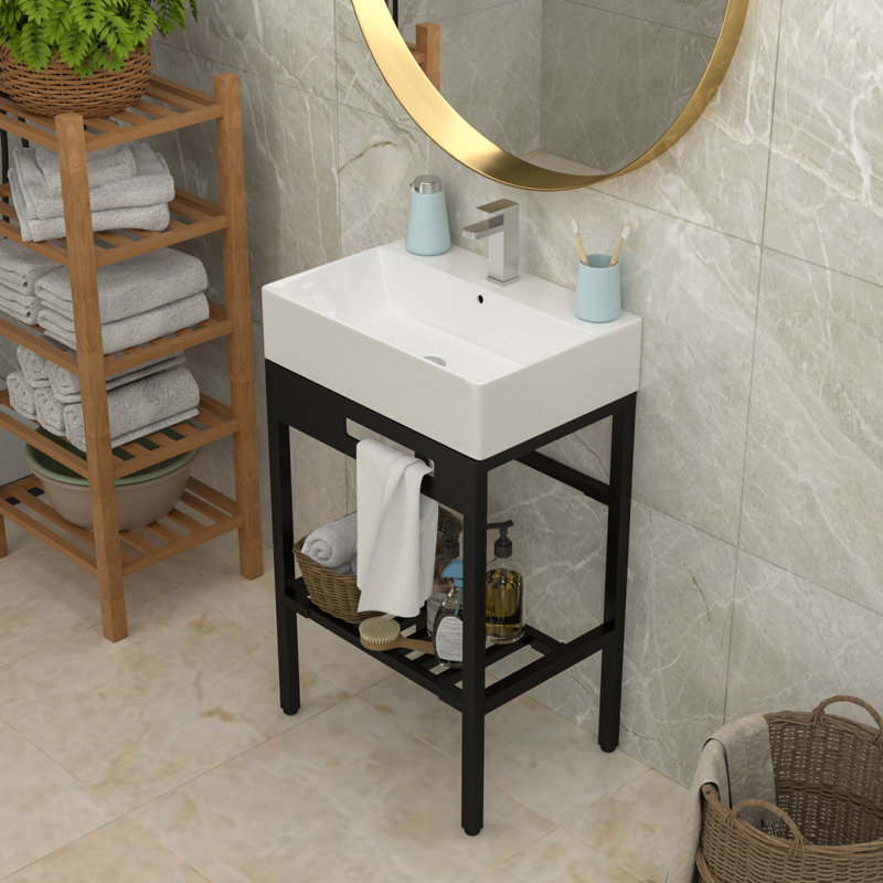 Lavabo de salle de bain mural 24 po x l 16,75 po avec support à serviettes en céramique blanche