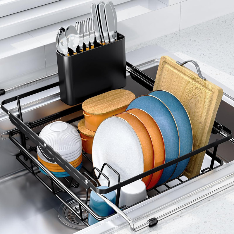 Égouttoir à vaisselle extensible au-dessus de l'évier, égouttoir à vaisselle réglable en acier inoxydable avec porte-ustensiles pour le comptoir de cuisine ou dans l'évier