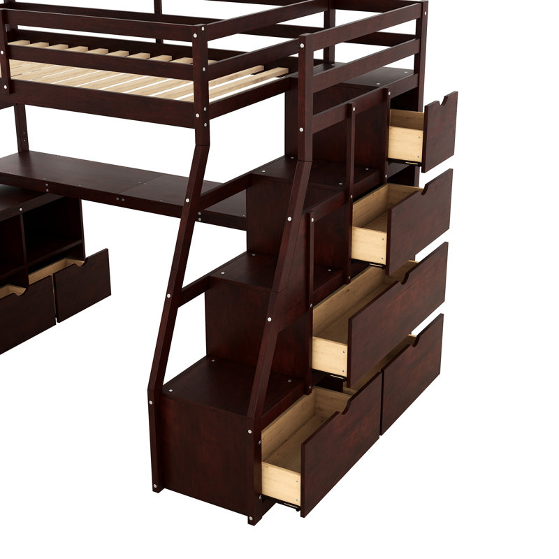 Lit mezzanine pour lit simple de couleur, 7 tiroirs, 2 tablettes et bureau de rangement pour pièces de monnaie, stable avec bureau, construction en pin