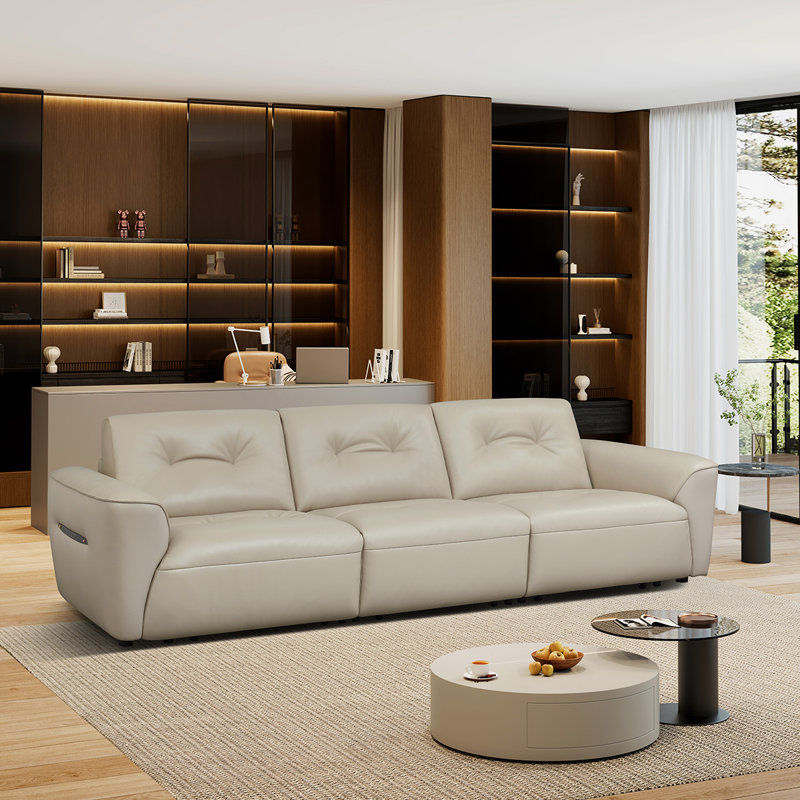 Canapé à rallonge beige en cuir véritable électrique minimaliste, Beige