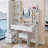 Full Body Mirror Cabinet + Round Mirror LED Vanity Table + Cushioned Stool, 17" Diameter LED Mirror, Touch Control, 3-Color, Brightness Adjustable, Large Desktop, Multi-Layer High Capacity Storage-1217524080