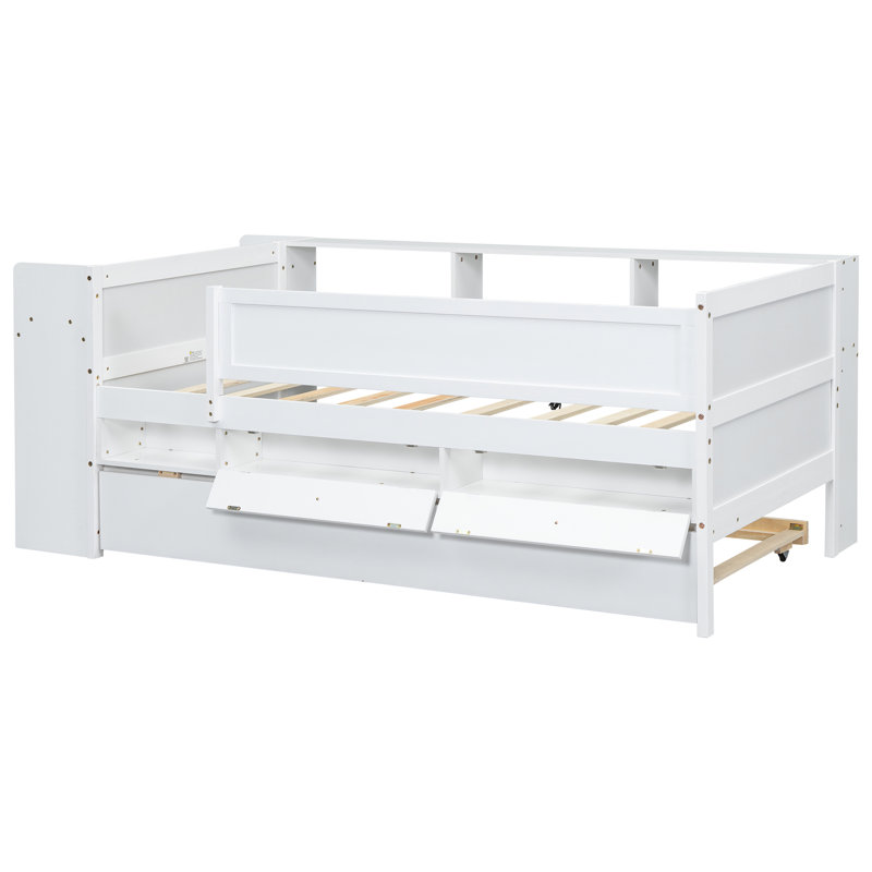 Lit de jour simple avec tiroirs, lit gigogne, rangement pour tête de lit, tables - blanc et charme