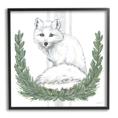 " White Arctic Fox Stripes Botanical Laurel Border " by Sara Baker