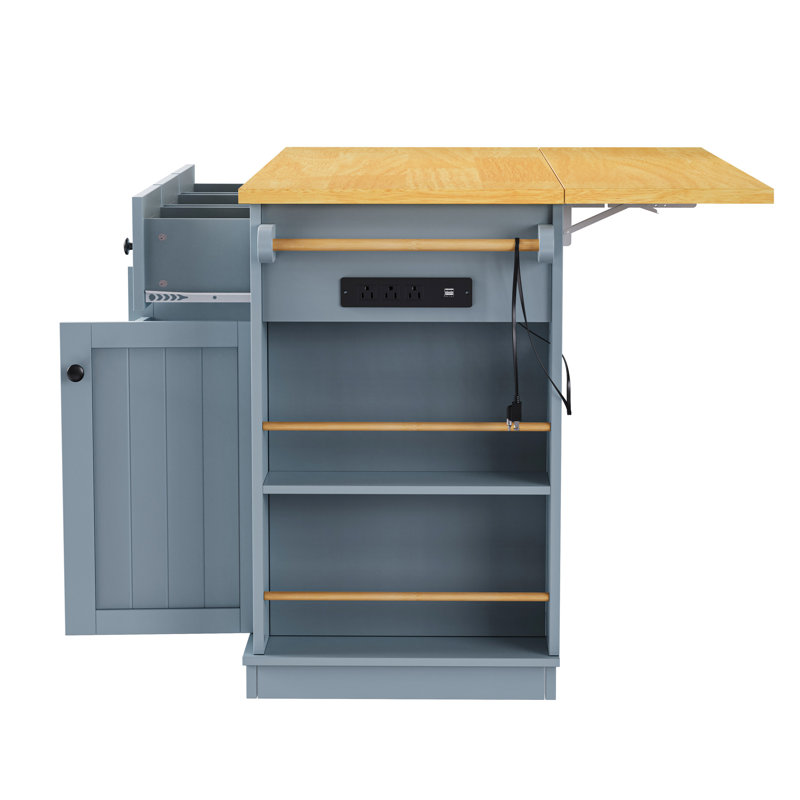 Blue 53Inch Kitchen Island Cart With Internal Storage And Power Outlets - For Functional Kitchens Movable Drop Leaf Large In Space, Foldable Leaf, Socket
