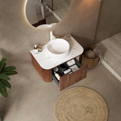 DINA 30" Bathroom Vanity&Sink, Floating Curved Edges Striped Plywood Storage Cabinet With Drawer, White Round Ceramic Basin&Carrara White Sintered Stone Top, Pre-Assembled, Dark Walnut Woodgrain Color