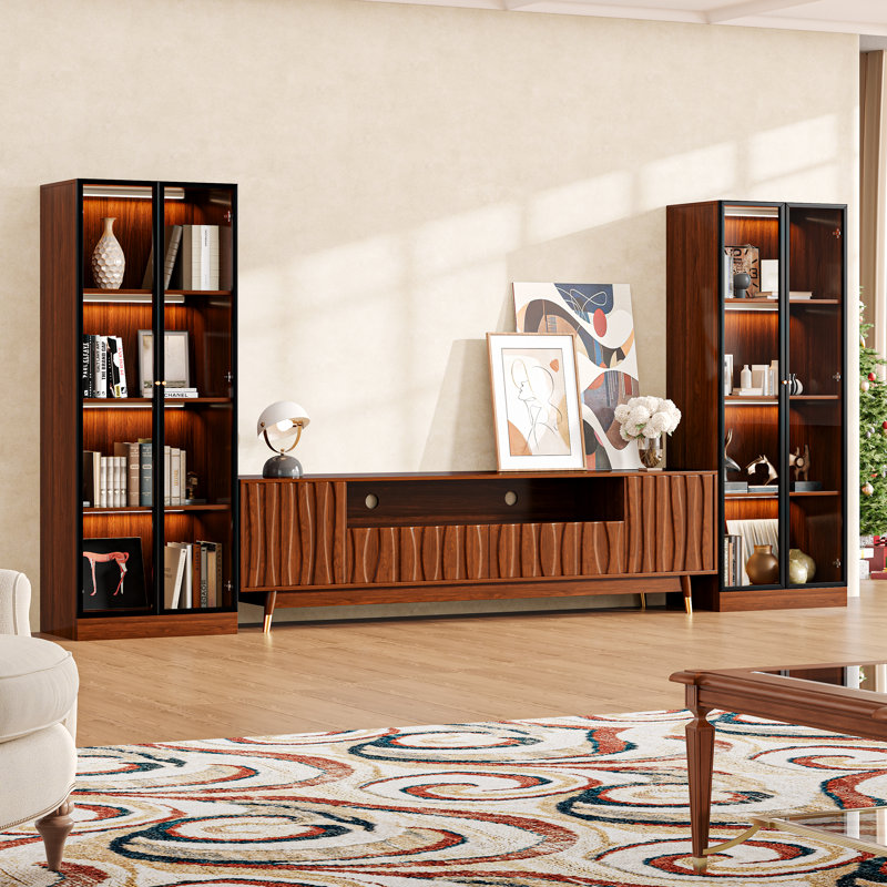 125.9''W Walnut Finish Entertainment Center with Bookshelves for 55/65/75 Inch TV, Mid-Century Modern Wood Media Console Include TV Stand with Storage and Two 4-Tier Display Case with Glass Doors for Living Room, Brown