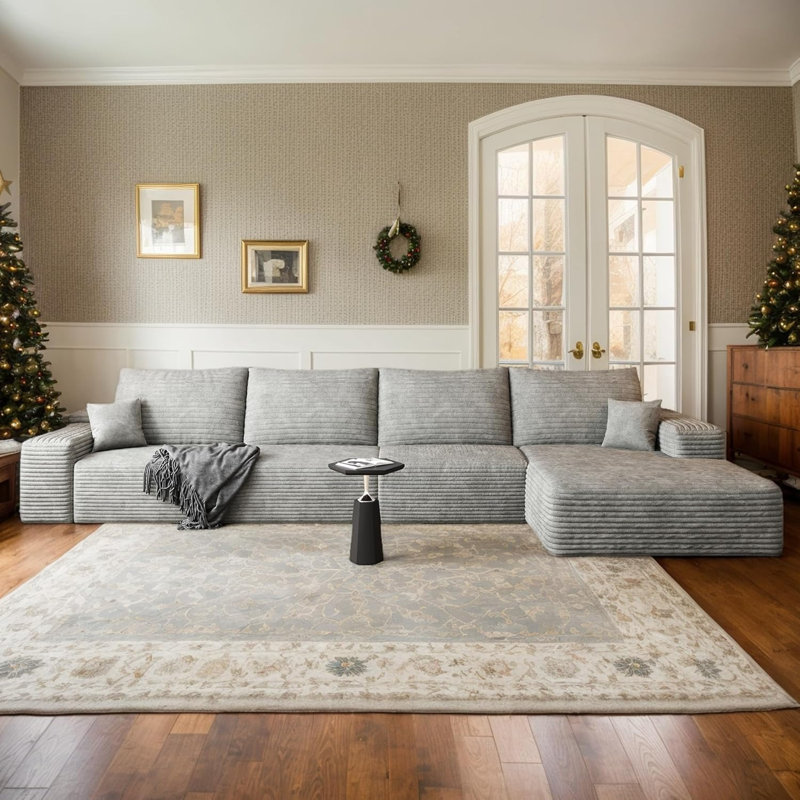 Boneless 135" Oversized Boneless Couch with Left L Shape Chaise, Modern Modular Sectional Sofa with Deep Seat, No Assembly Required, Cloud Sectional Couch with Corduroy Fabric (4S+Left Facing Chaise)