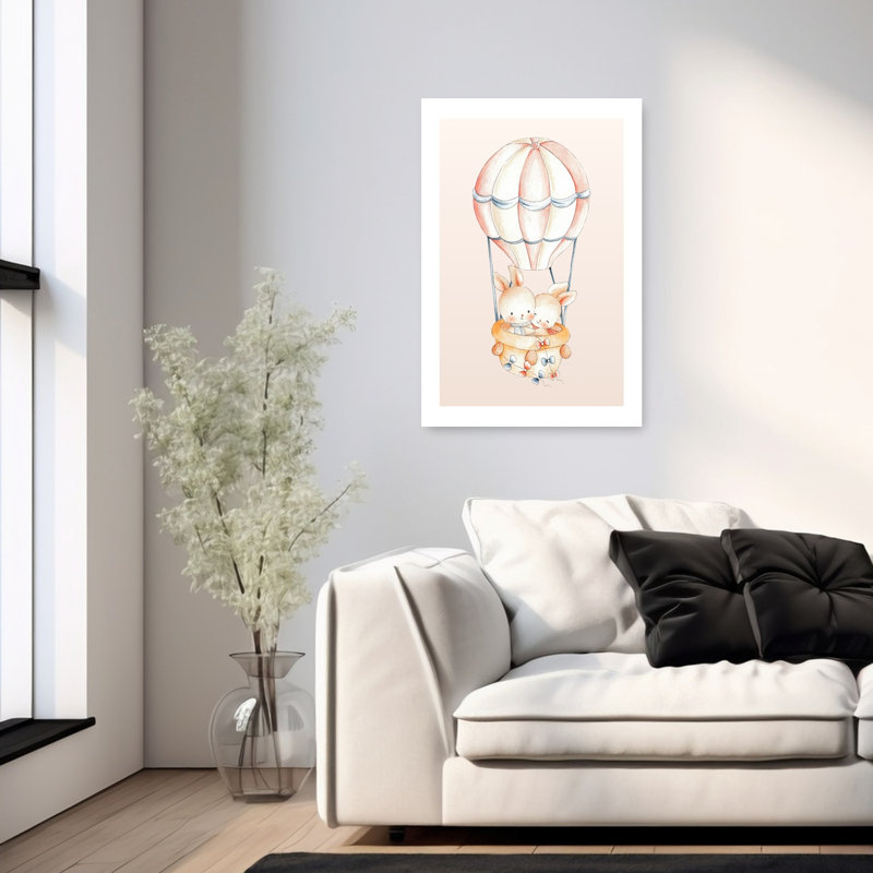 Lapins en montgolfière, impression d'art contemporain romantique, 36" H x 24" W
