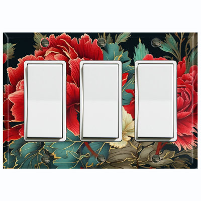 Artistic Red Flower Green Leaves Nature Themed 3 - Gang Rocker Standard Wall Plate