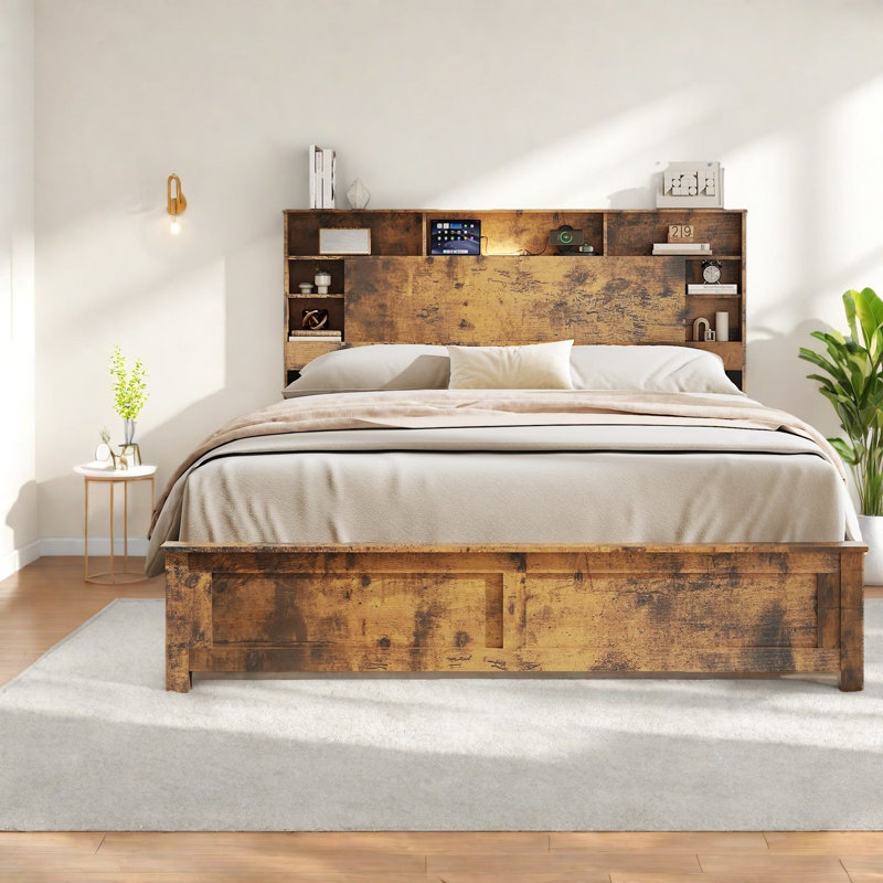 Lit Queen spacieux en bois avec tête de lit de rangement multifonctionnelle, design moderne, usage domestique
