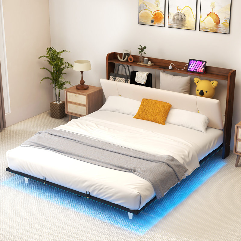 Upholstered Platform Storage Bed with LED Lights, Beige, King