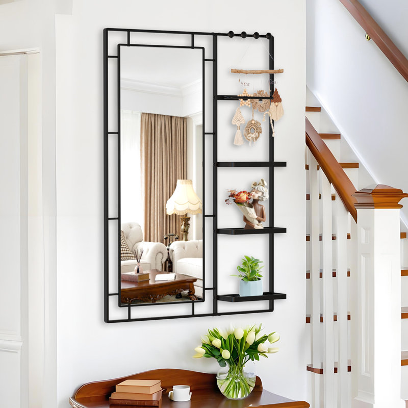 30X44 Modern Mirror With Shelf - Black Metal Frame For Bathroom, Bedroom Hd Image, Rust-, Construction Vanity Multi-Functional Frame, Bedroom, Living Room Glass, Rust-, Strong