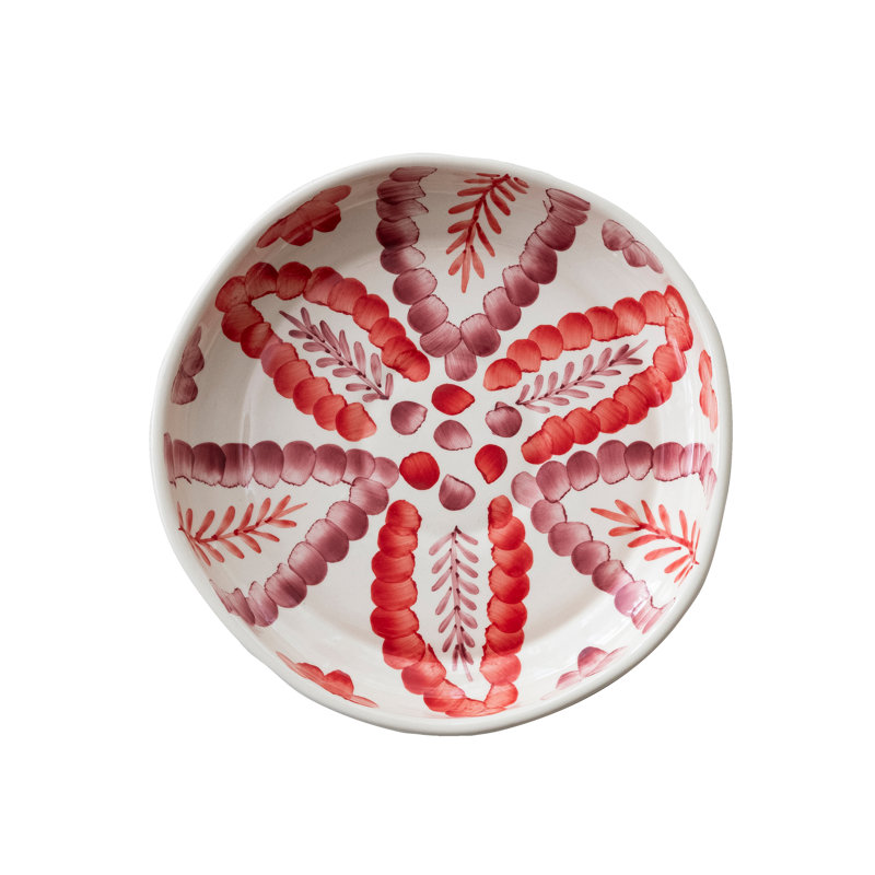 Hand-Painted Stoneware Low Bowl with Botanical Design