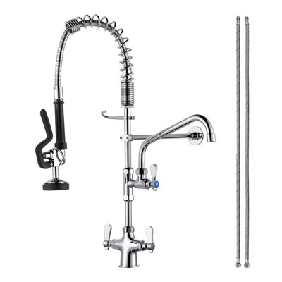 Brass Commercial Deck Mount Triple Handle Pull Down Sprayer Kitchen Faucet With Pre-Rinse Sprayer