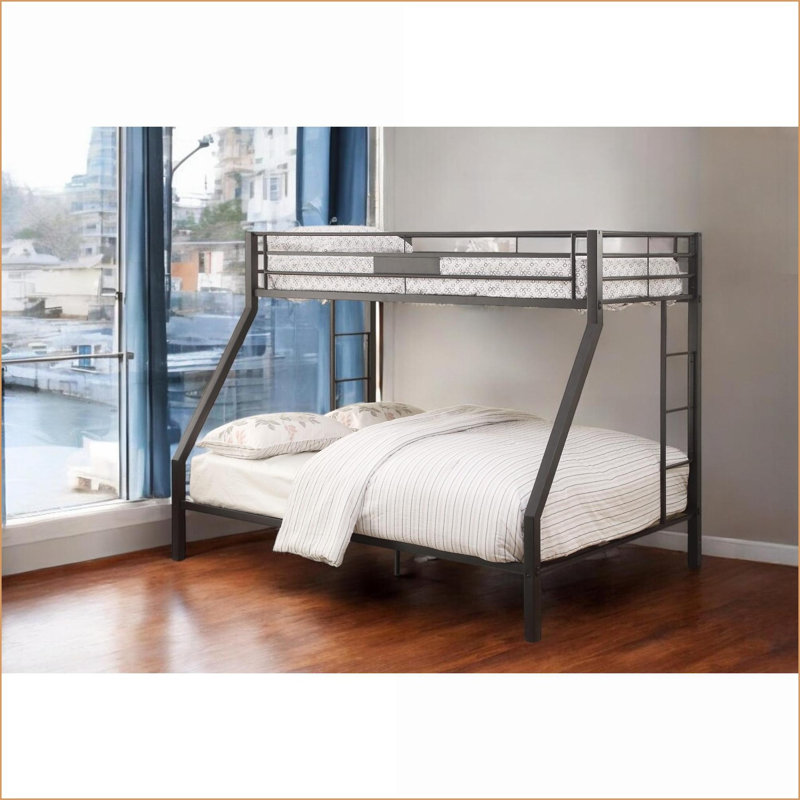 Twin XL/Queen Metal Bunk Bed with LED Headboard, Sandy Black Finish - Space-Saving Design