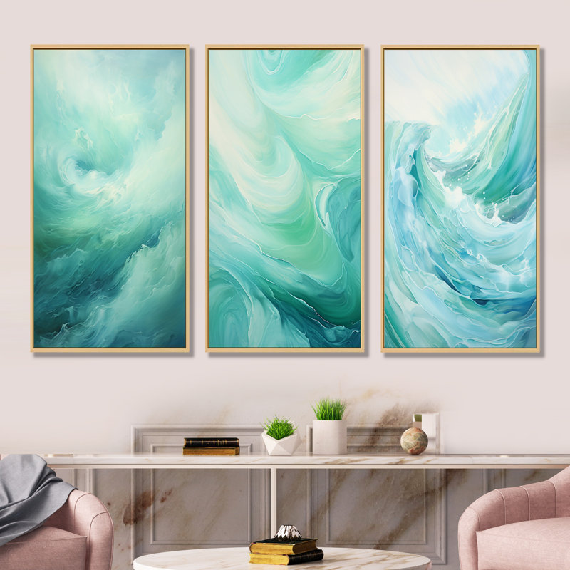 Ensemble de 3 impressions murales sarcelle tempête et vague - Coastal Waves, Cadre flottant brun, H 40 po x l 60 po