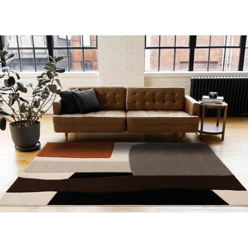 Tapis géométrique à motif géométrique noir et orange pour le salon, Rectangle 5 pi 3 po x 7 pi 7 po
