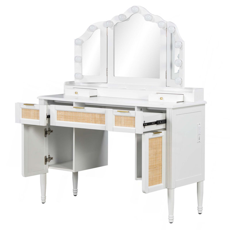 44.37 " Makeup Vanity Desk With 13 Hollywood Bulbs And 3 Lighting Modes, Dressing Table With Tri-Fold Mirror   Large Vanity Table With 5 Drawers And Shelves And  Charging Station For Bedroom