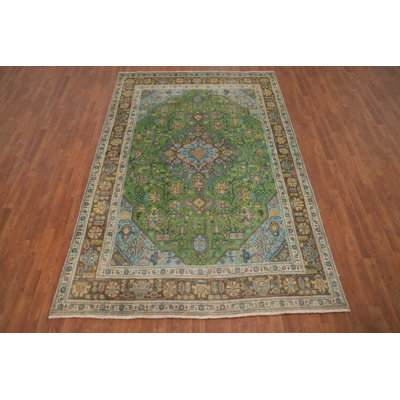 Tapis traditionnel rétro en laine vert 6 x 9