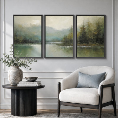 Abstract Landscape "Earthy Neutral Green Woodland Artwork, Serene Nature Lake Decor Wall Pictures, Framed Canvas Giclée Print 3 Pieces Wall Art"