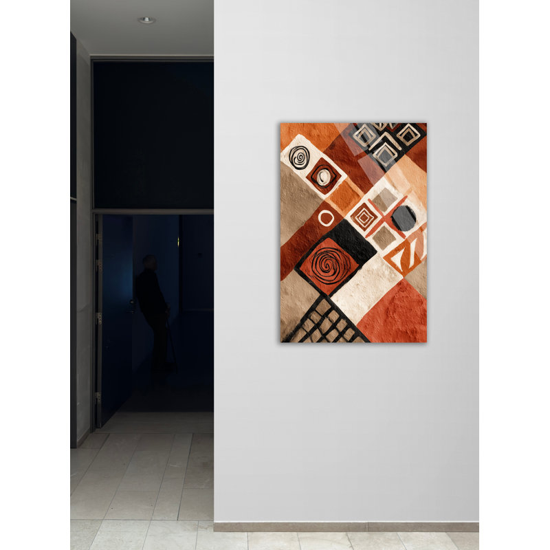 Abstrait, art mural en verre géométrique tribal abstrait, décoration moderne en verre trempé - peinture orange brûlé et beige terre, grand Boho