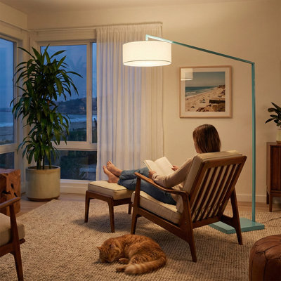 Lampe à arc 1 lumière extensible H 87 po, abat-jour en lin blanc, corps turquoise, à intensité variable, pour le salon ou la chambre à coucher