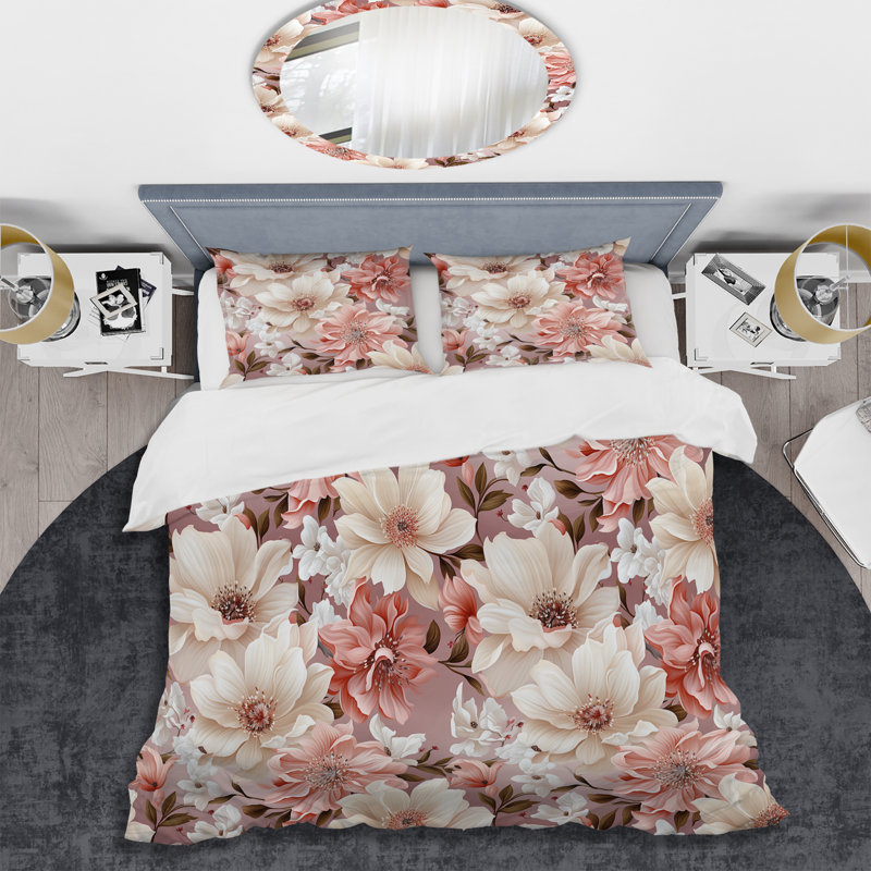 Ensemble de housse de couette rose et blanc Poppies Blossoming Grace I, Housse de couette pour très grand lit et 2 très