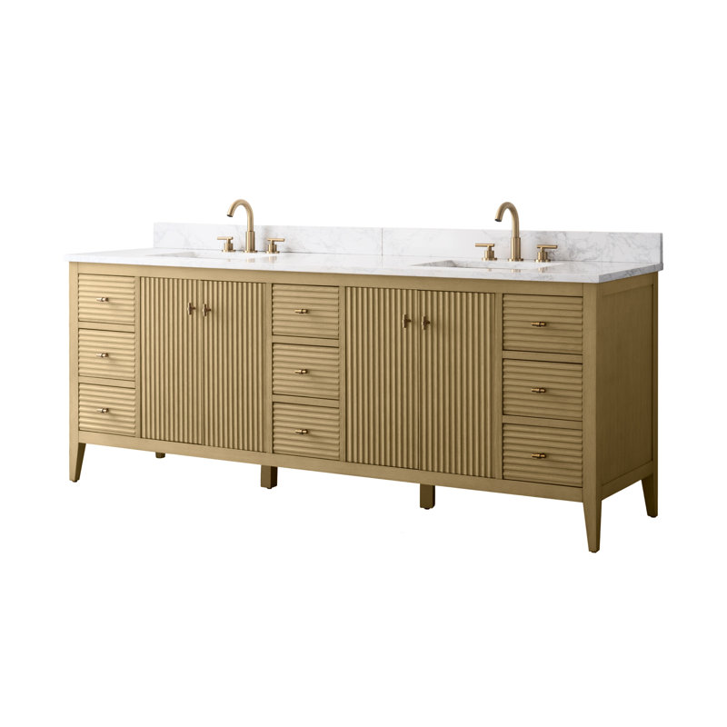 Ensemble de meuble-lavabo autoportant à double cuve 84 po avec plateau en marbre Lavallon, Chêne linéaire linéaire