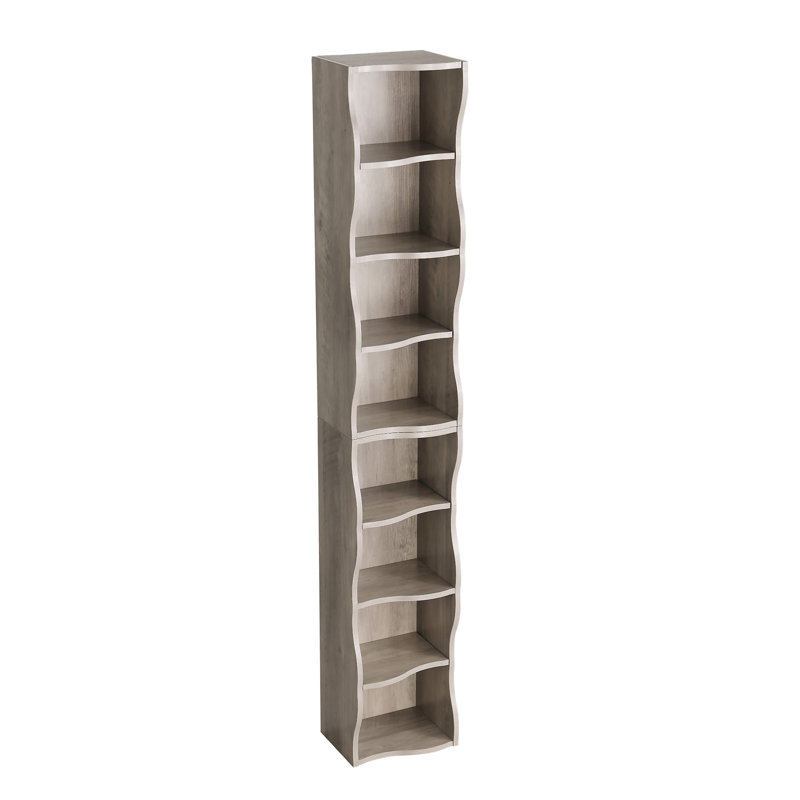 Bibliothèque ultra-mince à 8 tablettes réglables avec bordure ondulée, Gris