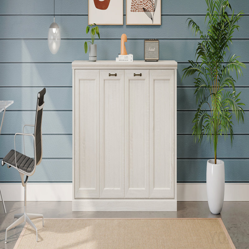 Lit escamotable horizontal simple, lit escamotable mural, armoire pliante, meuble peu encombrant pour chambre d'amis polyvalente, bureau personnel, blanc rustique