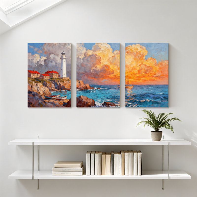 Nautique, phare, coucher de soleil, mer, roches, bateaux, ciel, nuages, ensemble de 3 impressions sur toile