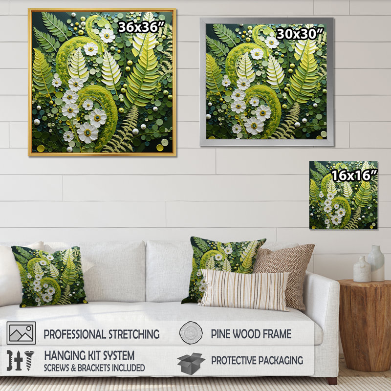 Fougères vert clair plante fantaisiste spirales I - fougères, art mural, H 30 po x l 30 po x P 1 po, Toile tendue
