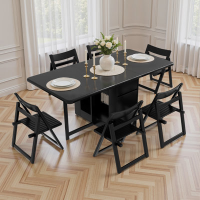 Folding Drop Leaf Dining Table and Chairs, Fully Assembled Solid Wood Space-Saving Kitchen Table and Chairs Set with Storage & Lockable Wheels